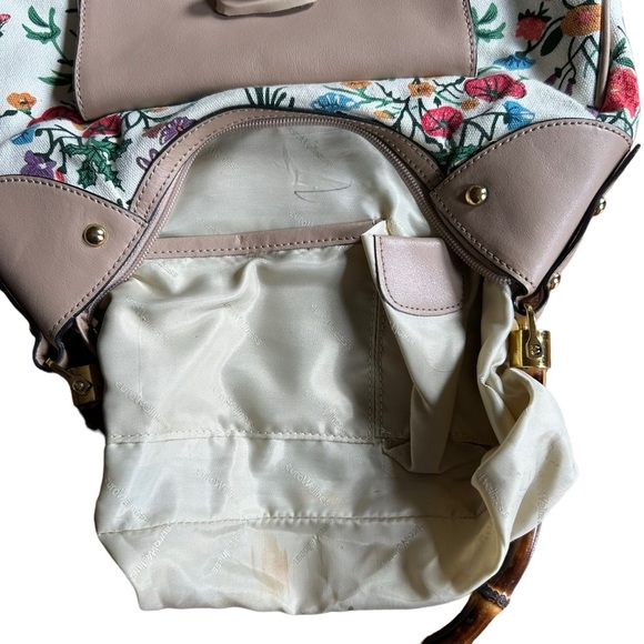 Euro Wellness Bamboo Handle Floral Canvas Shoulder Bag Cream Multicolor Purse - Picture 6 of 8